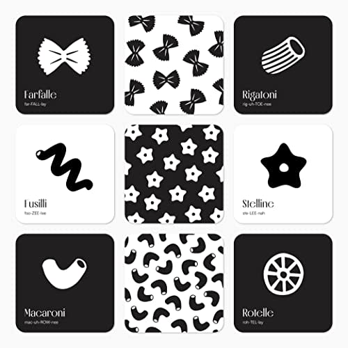 Pasta for Baby High Contrast Cards Sensory Toy Learning Activity Large Black and White Flash Cards Newborn Tummy Time Play 0+ Months Infant Essentials Curious Baby Activity Gift Set