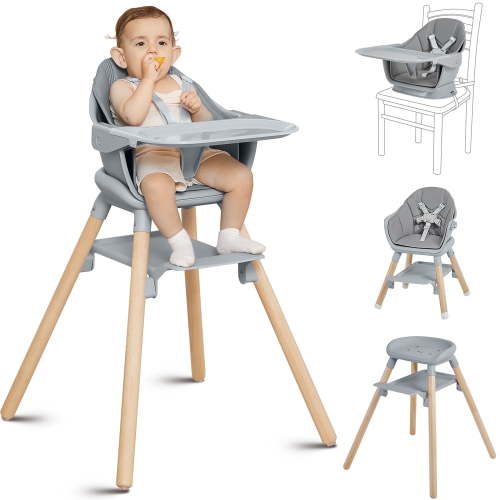Wooden 11 in 1 Multifunctional Baby High Chair, Toddler to Kid's Dining Booster Seat, Easy Clean PU Cushion, Grey