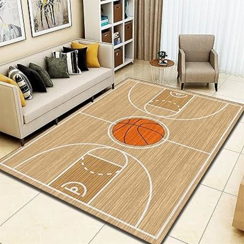 Sports Basketball Court Carpet Rug 5x7ft Light Brown Wood Grain Creative Design, Super Soft and Comfortable Indoor Floor Mats for Kids Play Area Playroom and Kindergarten Non-Slip Carpet