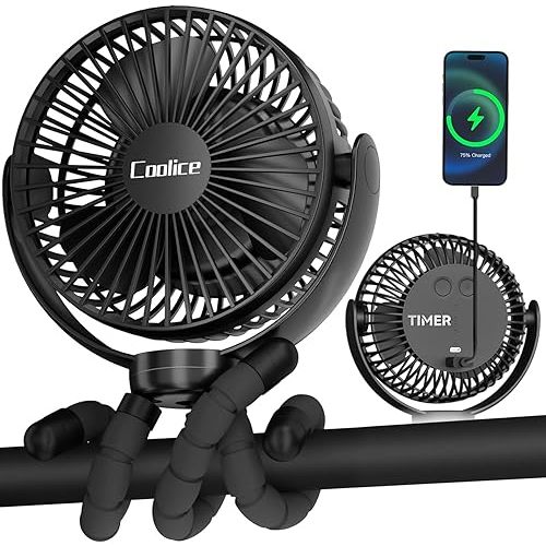 Stroller Fan Rechargeable - Portable Fan for Stroller, Timing Baby Fan, 35H Battery Operated Fan, 3 Speeds Baby Stroller Fan, Rotatable Seat Fan, Car Fan for Baby, Clip On Fan with Flexible Tripod