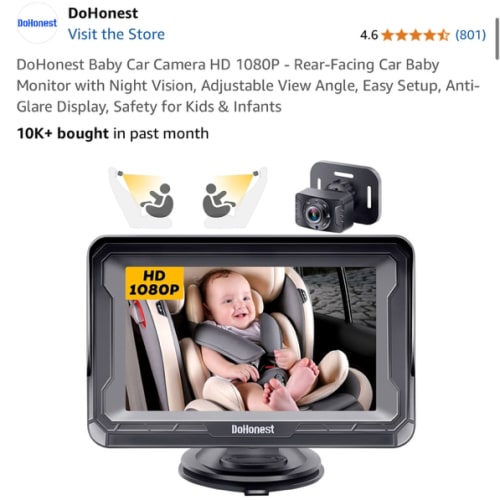 DoHonest Baby Car Camera HD 1080P - Rear-Facing Car Baby Monitor with Night Vision, Adjustable View Angle, Easy Setup, Anti-Glare Display, Safety for Kids & Infants
