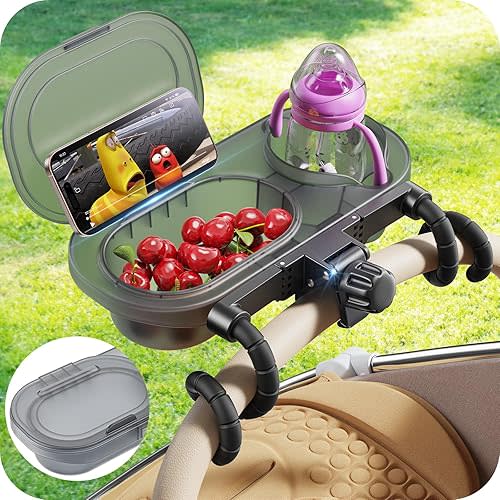 3-in-1 Universal Stroller Snack Tray Attachment with Dust Cover Sturdy Stroller Cup & Snack & Phone Holder Hook and Silicone Arms Grip Design Baby Travel Gear Accessories Detachable Dishwasher-Safe