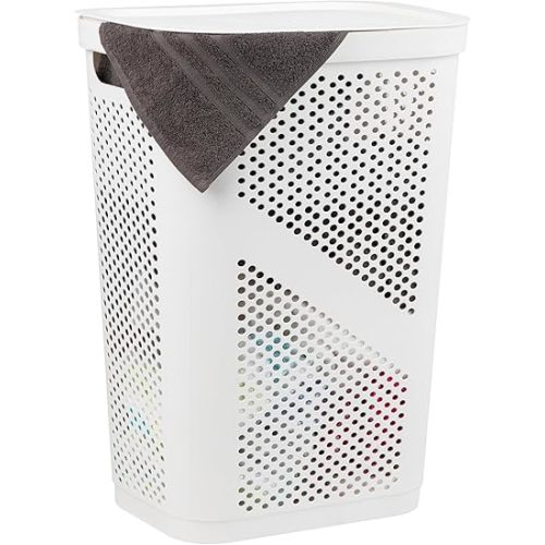 Mind Reader 60L Slim Laundry Hamper, Clothes Basket, Lid, Ventilated, Plastic, 17.25"L x 13.75"W x 23.5"H, White