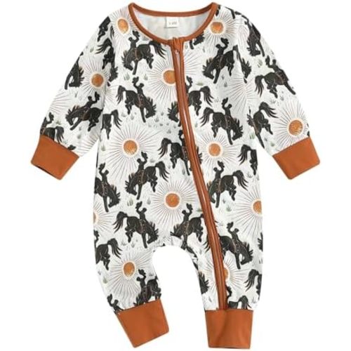 Newborn Baby Boy Girl Western Outfit Cow Horse Print Zipper Romper Long Sleeve One Piece Jumpsuit Cowboy Fall Clothes