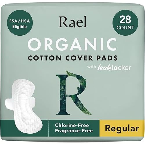 Rael Organic Cotton Cover Pads - Regular Absorbency, Unscented, Ultra Thin Pads with Wings for Women (Regular, 28 Count)