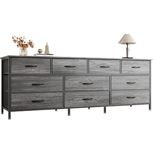 Huuger 63 Inch Dresser for Bedroom, Long Dresser with 10 Fabric Drawers, TV Stand for 55, 65, 70 Inch TV, Toy Storage Organizer for Closet, Grey