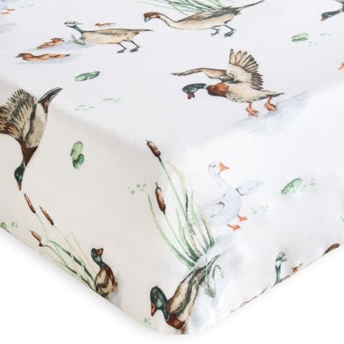 LifeTree Mallard Duck Crib Sheets for Baby Boys Girls - Muslin Fitted Crib Sheets Toddler Bed Sheet Fits Standard Crib, 70% Viscose from Bamboo and 30% Cotton, 28in x 52in
