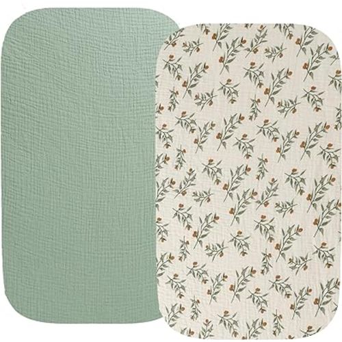 Muslin Bassinet Sheet Compatible with Maxi-COSI Iora,Swift Lightweight Portable Bassinet, AMKE Baby Bassinets, 2 Pack Cotton Stylish Boho Fitted Bassinet Sheets for Baby Roman Green & Botanical Leaf