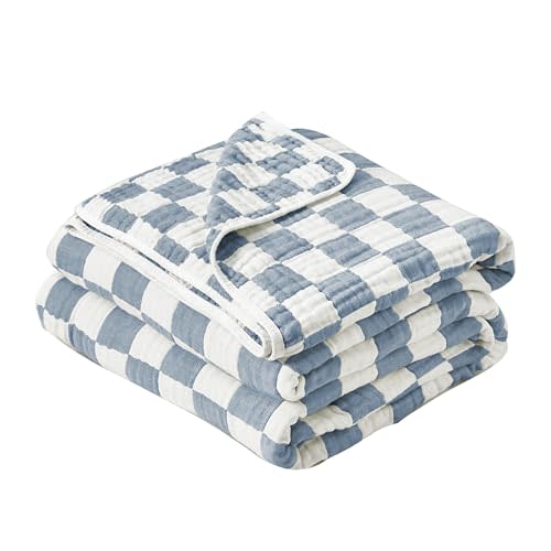 Ultra Soft Cozy 6-Layer Muslin 100% Cotton Baby Blanket 30"x35" Breathable Lightweight Checkered Swaddle Blankets for Baby Toddlers Birthday Gifts All Seasons Both Sides (Blue)