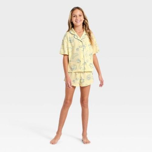 Girls' Breakfast Food Button-Down Pajama Set - art class™ Yellow L