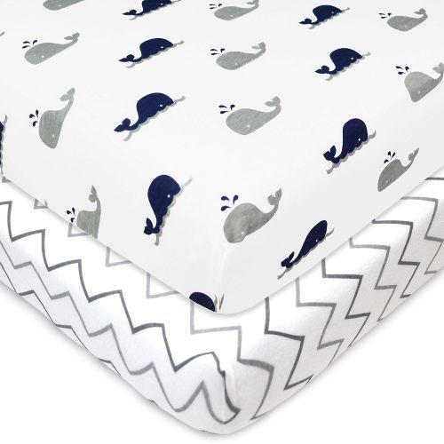 American Baby Company 2 Pack 100% Natural Cotton Fitted Pack and Play Sheets 39" x 27" - Soft & Breathable Pack N Play Sheets for Playard & Mini Crib Mattress, Navy Whale/Grey Zigzag, for Boys & Girls