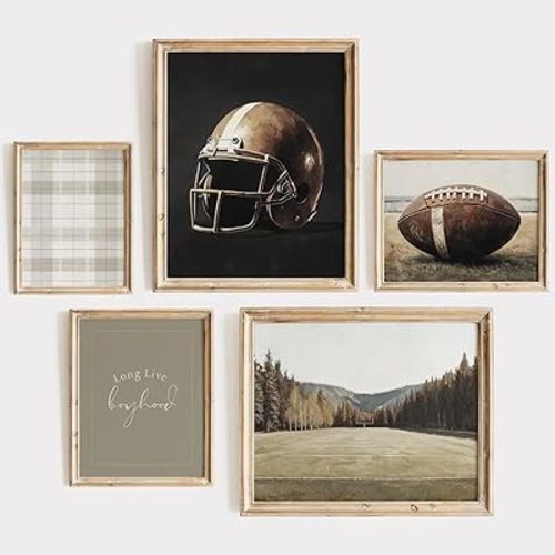 Football Nursery Wall Art Vintage Sports Canvas Wall Decor Boys Room Poster Rugby Football Sport Prints Sage Green Nursery Pictures Vintage Artwork for Boys Bedroom 12x16 Inch Unframed Set of 5