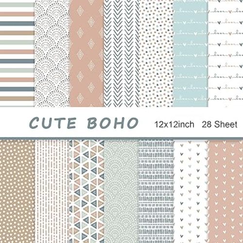 28 Boho Scrapbook Paper, 12"X12" Inch Scrapbook Paper, 90 lb/160 gsm Scrapbook Paper Double-Side Print (BOHO 2)