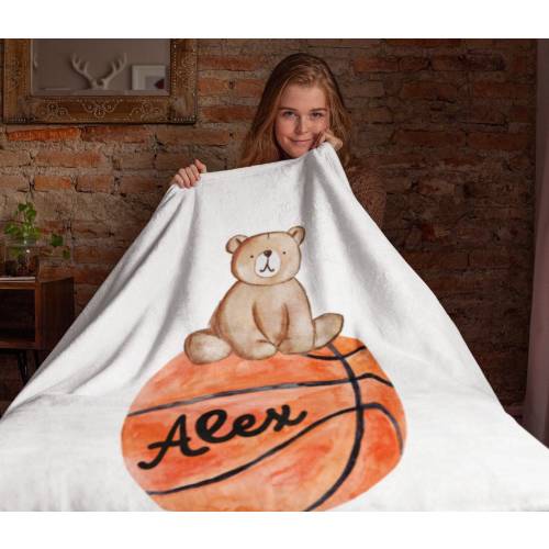 Personalized Woodland Bear on a Basketball Velveteen Plush Baby Blanket, Custom baby throw blanket with name, Baby Shower Gift, baby gift