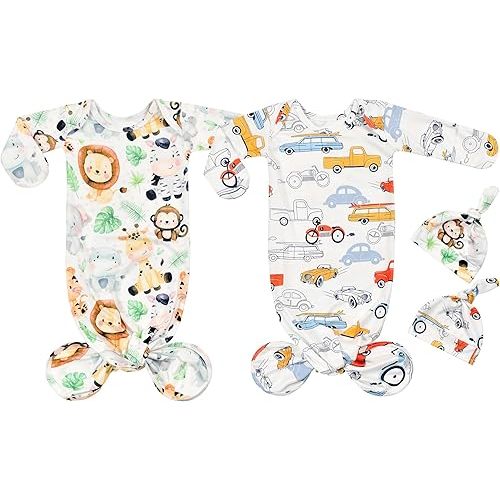 Newborn Baby Boy Long Sleeve Sleeper Gown with Mittens Knotted Gown Coming Home Outfit Nightgown Hat Set 2 Pieces