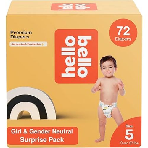 Hello Bello Premium Diapers, Size 5 (27 lbs) Surprise Pack for Girls, 72 Count, Hypoallergenic with Soft, Cloth-Like Feel, Girl and Gender Neutral Patterns