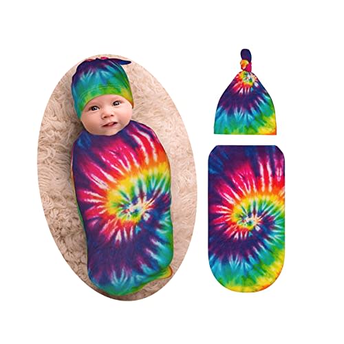 Tie Dye Colorful Rainbow Newborn Swaddle Blankets Beanie Hat Sets Soft and Stretchy Baby Blanket Swaddle Sack for Baby Shower Infant Boy and Girl