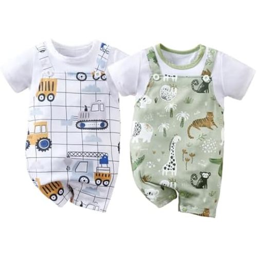 2-Pack Baby Boys Girls Romper Newborn Cartoon Print Short Sleeve Onesie Summer Clothes