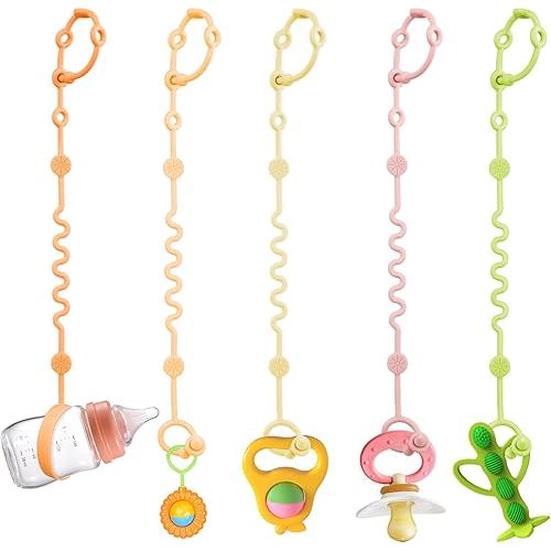 Toy Straps for Baby, 5pcs Adjustable Toy Holder for Stroller Accessories, Silicone Baby Tether Pacifier Clip, No Throw Baby Travel Essential Leash for High Chair, Car Seat (5 Pack Macaron)