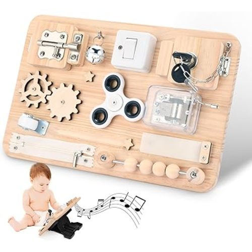 Montessori Wooden Busy Board - Sensory Toys for Toddlers Fine Motor Skills - Activity Board Toys for Kids - Educational Fidget Travel Toys for Baby Boy & Girl - Birthday Gifts for 1 2 3 4 + years old