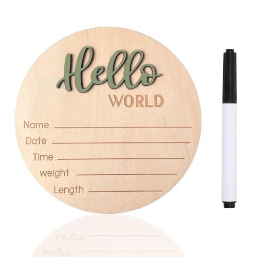 Baby Announcement Sign, ​5.9 Inch Wooden Hello World Newborn Signs, Birth Announcement Sign, Baby Shower Hospital Nursery for Newborn Boys and Girls (Forest Green,Pen)