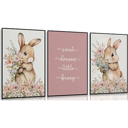 3Pcs Cute bunny Canvas Wall Art Colorful wildflower Posters Prints Botanical Floral Rabbit Nursery Wall Decor Pictures Pink Inspirational Animal Paintings for Baby Girl Room Home Decoration Unframed