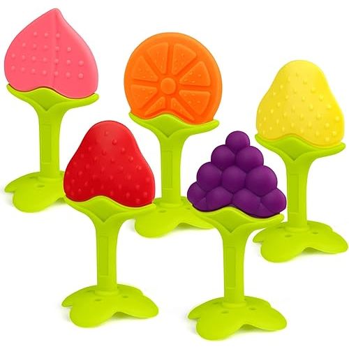 SHARE&CARE BPA Free Silicone Fruit Baby Teether Toys Baby Teething Toys with Storage Case, for 3 Months Above Infant Sore Gums Pain Relief(5 Fruit Trees)