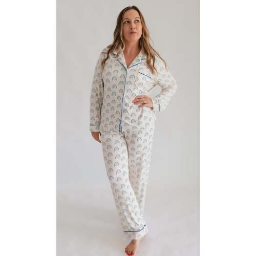 Womens Button Up Set In Blue Rainbows