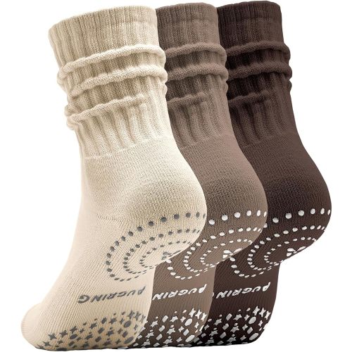 AugRing Scrunch Crew Pilates Socks with Grips for Women – Non-Slip Slouch Yoga Barre Gym Workout Cozy Cotton Hospital Socks