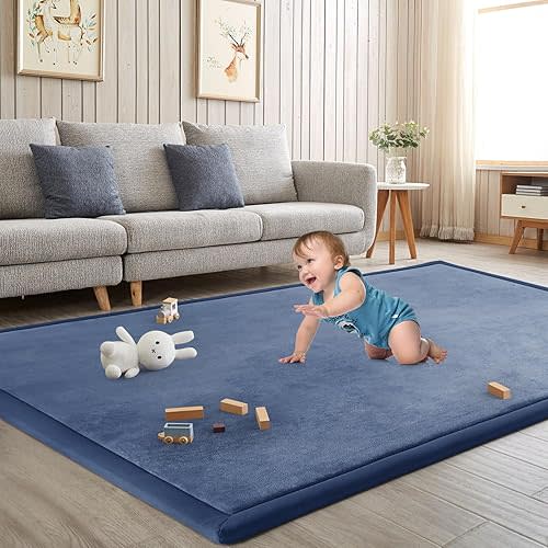 Baby Play Mat for Floor Nursery Rug Muscle Mat Area Rug Playroom Rug 50"x50" Playpen Mat Memory Foam 1.3" Thick Crawling Mat for Babies,Toddlers, Infants, Kids,Sapphire Blue