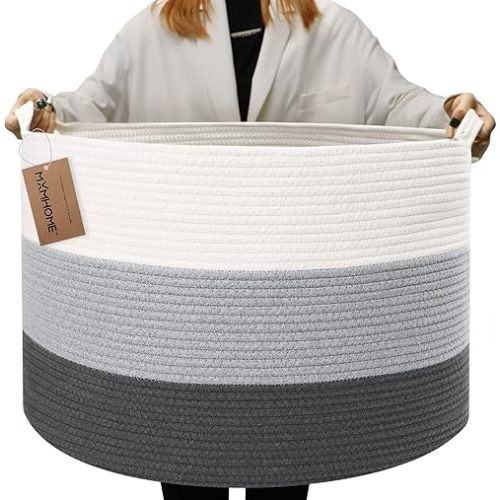 Large Cotton Blanket Basket,22"x22"x14" Rope Basket for Living Room Baby Laundry with Handle Nursery Soft Storage Comforter Cushions Thread Hamper