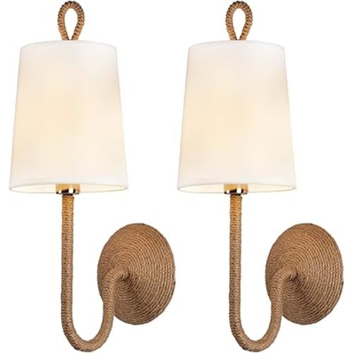 Natural Rattan Wall Sconce Set of 2: Boho Coastal Rope Woven Lamps with Linen Fabric Shades for Living Room, Bedroom, Bedside, Vanity and Hallway
