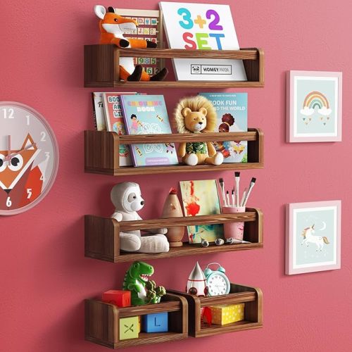 3+2 Floating Nursery Book Shelves for Wall: 3 Long & 2 Mini Shelves, Bookshelf for Kids & Baby Bookshelf, Nursery Book Shelf for Kids Rooms. Nursery Bookshelf (5-IN1 Walnut)