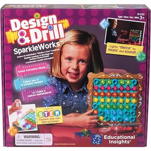 Educational Insights Design & Drill SparkleWorks - Kids Drill Set for Toddlers 3-5, Take Apart STEM Construction Toys for Kids, Toy Tool Set with Working Power Tools, Creative Engineering Sets