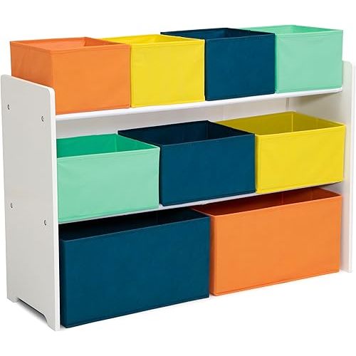 Delta Children Deluxe Multi-Bin Toy Organizer with Storage Bins - Greenguard Gold Certified, White with Navy/Green/Pastel Bins