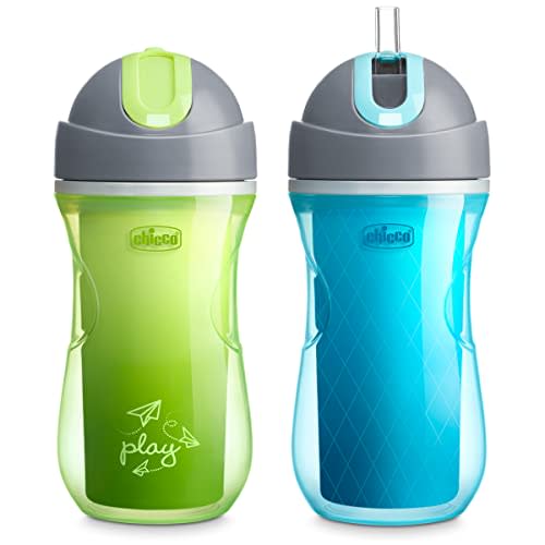 Chicco Double-Wall Insulated Flip-Top Sippy Cup with Silicone Straw and Spill-Free Lid 9oz.| Top-Rack Dishwasher Safe | Easy to Hold with Ergonomic Indents | Green Play/Teal, 2pk | 12+ months