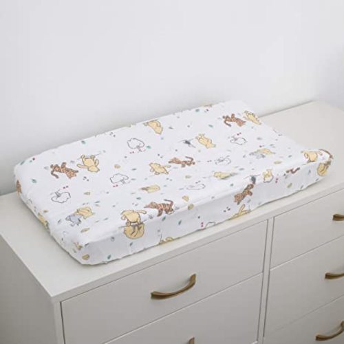 Disney Winnie The Pooh Classic Pooh 100% Cotton Quilted Changing Pad Cover, Ivory/Butter/Aqua/Orange 1 Count (Pack of 1) - Disney Classic Pooh