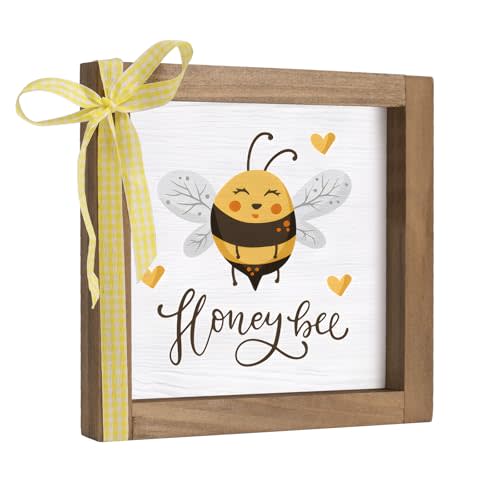 pechpell Wooden Honey Bee Signs, 6 Inch Small Honeybee Themed Wall Decor, Nursery Kitchen Bathroom Room Table Shelf Tiered Tray Desk Rustic Farmhouse Decoration For Home