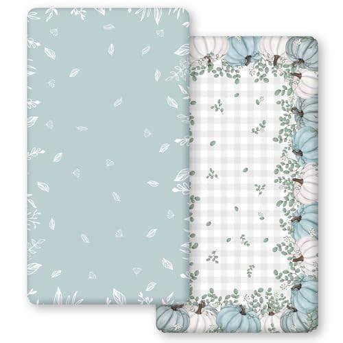 Horaldaily 2 Pack Fitted Crib Sheet for Boys Girls,Soft Breathable Washable Jersey Microfiber Baby Crib Sheet, Fits Standard Size Crib Mattress 28in x 52in, Floral Pumpkin Nursery Sheet White/Blue