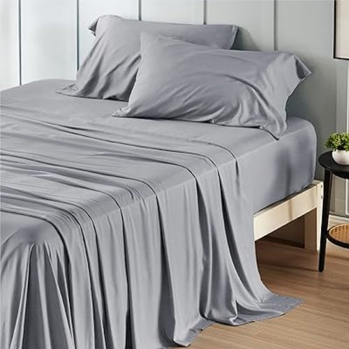 Bedsure California King Sheet Sets, Cooling Sheets, Rayon Derived from Bamboo, Breathable & Soft, Deep Pocket Up to 16 Inches, Hotel Luxury Silky Bedding for Hot Sleepers, Silver Grey