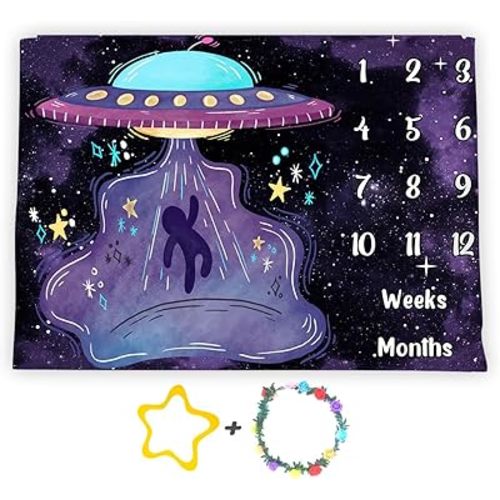 UFO Baby Monthly Milestone Blanket, 60x40in Soft Flannel, Alien Round Spaceship, Newborn Mom Gifts, Baby Shower Age Growth Tracker with Bonus Maker