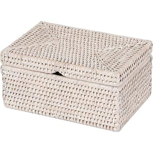 KOUBOO Rattan Wet Wipes Box - Decorative Container with Hinged Lid for Jewelry and Small Items, White-Wash