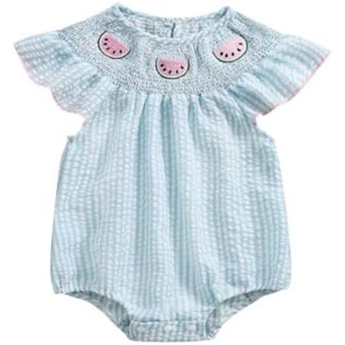 Baby Girl Watermelon Romper Sleeveless Ruffle Smocked Bubble Bodysuit with Pockets Cute One Piece Summer Outfits