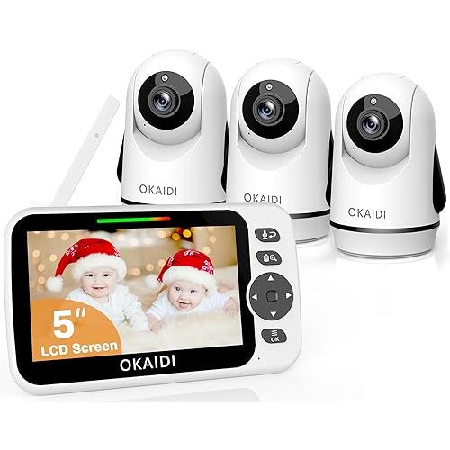Video Baby Monitor with 3 Cameras, 5" Display Baby Monitor No WiFi, 30H Battery and 1000ft Range, Remote Pan-Tilt-Zoom Baby Camera, 2-Way Talk, 8 Lullabies, Baby Monitor for Baby/Pet/Elderly