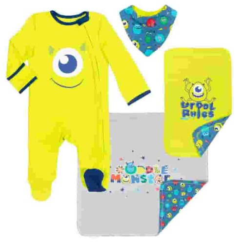 Disney Pixar Monsters Inc. Mike Zip Up Sleep N' Play Bib Blanket and Burp Cloth 4 Piece Outfit Set Newborn