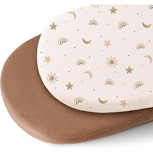 Konssy 2 Pack Muslin Bassinet Sheets for Baby Boy, 100% Cotton Soft Breathable Bassinet Mattress Sheets Fit for Hourglass Oval Cradle Rectangle Mattress (Sunbeam Yellow,Coffice)