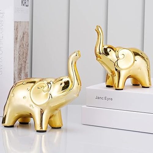 JIMBON A Pair Gold Elephant Statue Home Decor,Modern Style Figurines,Sculpture for Living Room Office Desktop Bookshelf,Ceramics Gold Mother and Baby Elephant Ornaments for Mothers Day