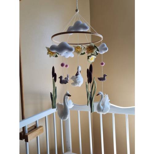 Swan baby mobile Nursery decor for girl Princess Hanging crib mobile with swans lilacs Handmade baby gifts Girls room inspo Baby's first toy