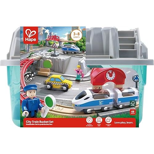 Hape City Railway and Train Bucket Set Toy with Hoisting Magnetic Crane for Trains, Trucks, and Cargo for Kids Ages 3 and Up, Multicolor
