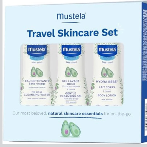 Mustela Travel Skinscare Set - Baby Skin Care & Bath Time Set - TSA-Approved - Natural & Plant-Based - Natural Avocado - 3 Items Set - Refillable & Reusable 1.69 Fl. Oz. Bottles